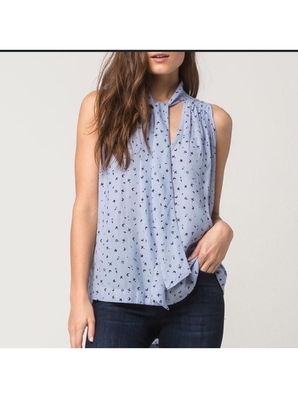 Free People Tie Neck Sleeveless Blouse Blue Size Small